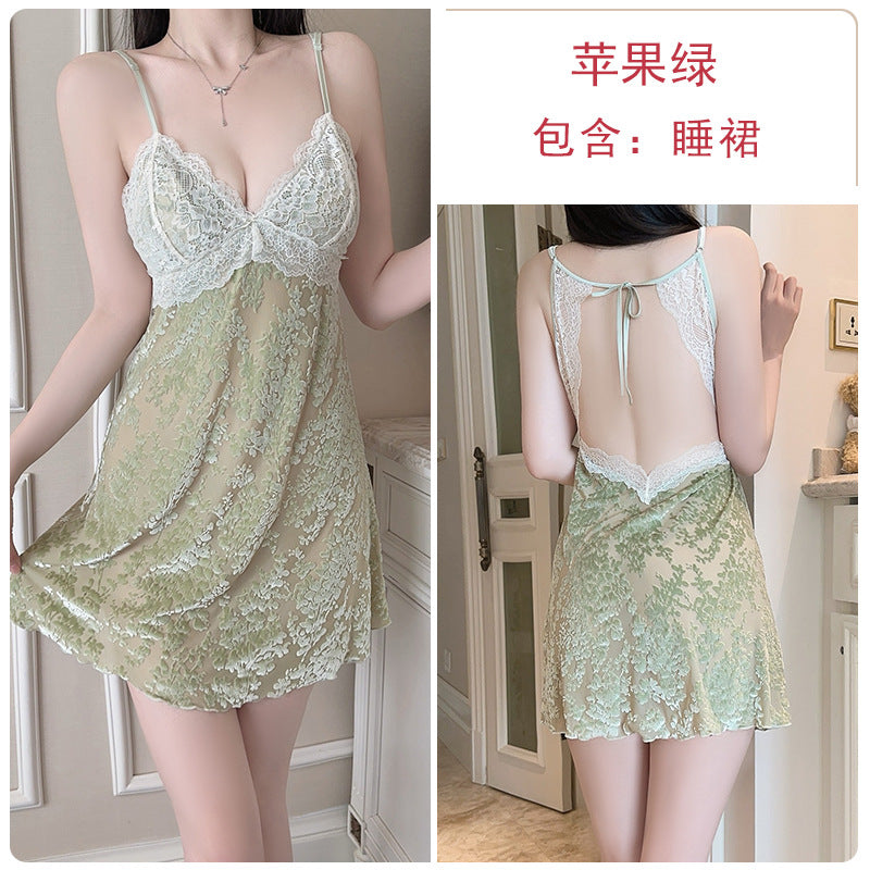 DZ Gorgeous Passionate Hot Backless Nightdress Sexy Push-Up with Chest Pads Sweet Jacquard Velvet Nightgown Set5838