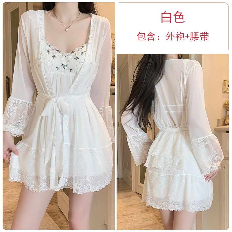 DZ Gorgeous Sexy Nightdress Passionate Temptation with Chest Pads Hot See-through Chiffon Lace Nightgown Robe Set5148