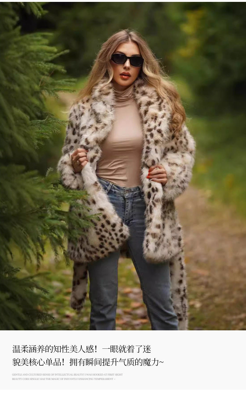 Europe, America, autumn and winter, new plus size women's fur leopard coat, suit collar and long section.