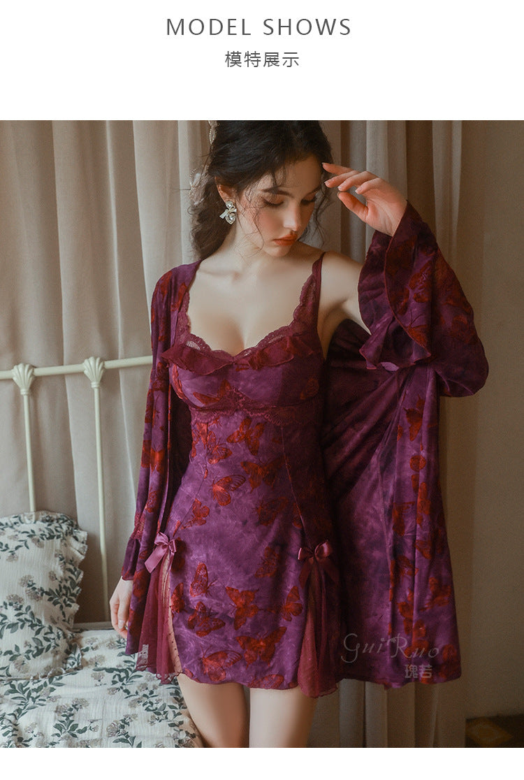 DZ Gorgeous Sexy Backless Nightdress Pure Desire Sweet Butterfly Print with Chest Pads Sleepwear Robe Women's Set QJ5286