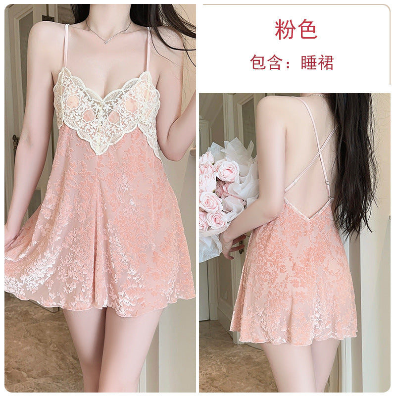 DZ Gorgeous Sexy Jacquard Velvet Pajamas Light Luxury Temptation with Chest Pads Deep V Backless Nightdress Homewear Set5756