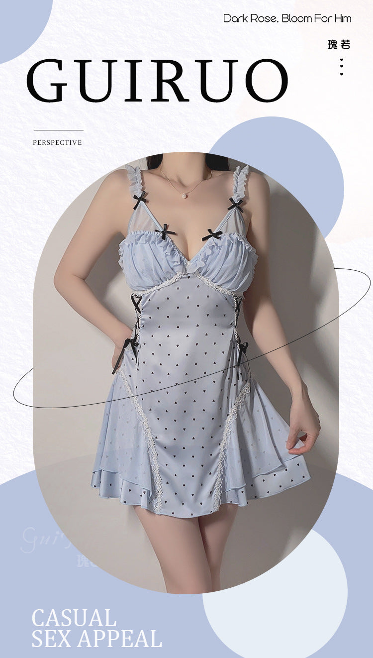 DZ Gorgeous Sexy Temptation Padded Bra Transparent Mesh Smooth Ice Silk Camisole Nightdress Deep V Suit P4848