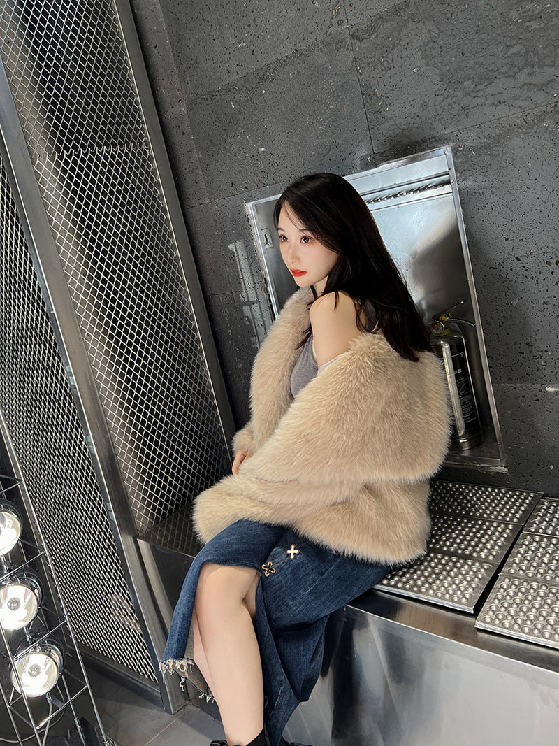 Fashionable Large Lapel Fur Coat for Women Elegant Socialite Long Sleeve Warm Overcoat Fur Top Wholesale