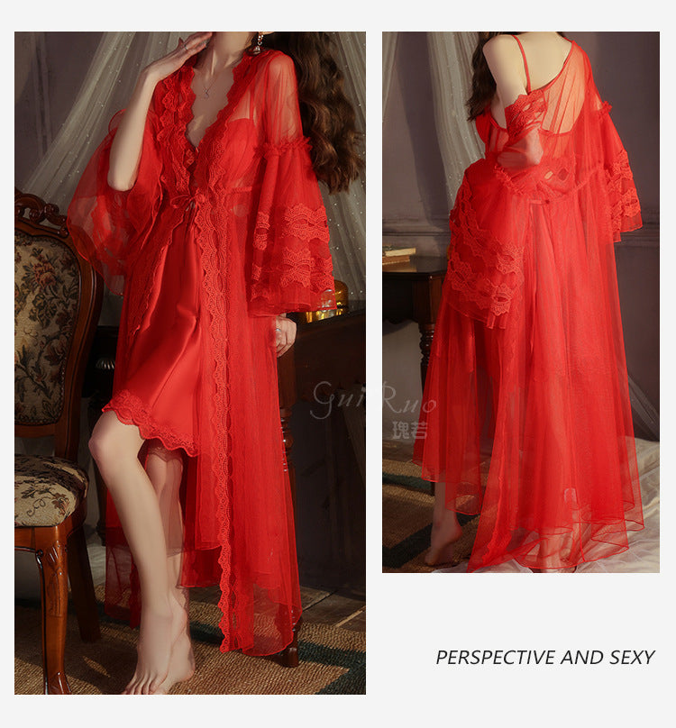 DZ Magnificent Plus Size Pure Desire Ice Silk Underwear Deep V Padded Temptation Lace Nightdress Robe Women's Set XJ5369