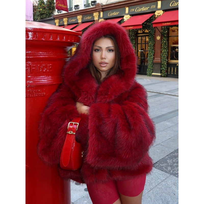 Solid Color Hooded Fur Coat Cross-Border European and American Style Eye-Catching Warm Comfortable Fashionable Fur