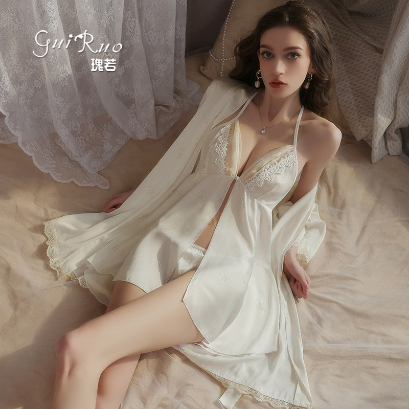 DZ Luxurious Plus Size Satin Lingerie Passionate Hot Slit Sexy Backless Nightdress Robe Women's Set5207