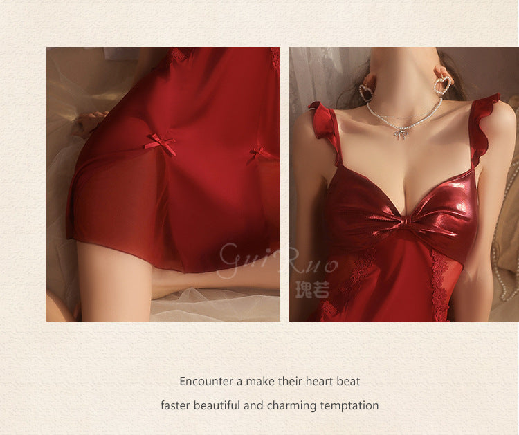 DZ Elegant Women's Light Luxury Smooth Satin Nightgown Deep V Backless Sexy Padded Nightdress Homewear Set C5542