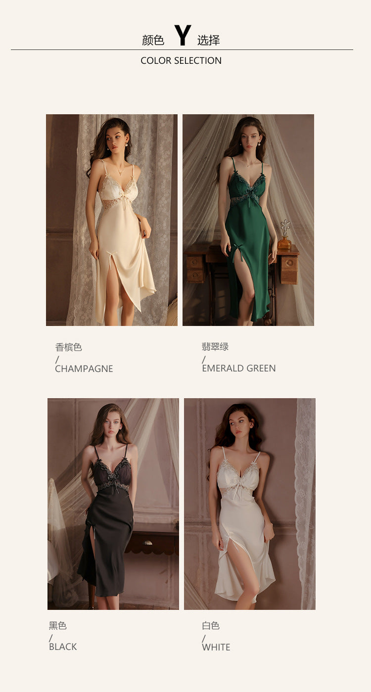 DZ Gorgeous Autumn Winter Sexy Slit Nightdress with Chest Pads Gathered Strap Nightgown Robe Homewear Set P4200