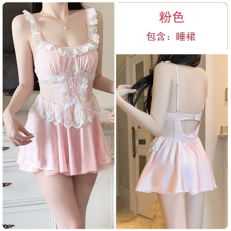 DZ Luxurious Plus Size Satin Nightgown Deep V Backless Pure Desire Sweet Nightdress with Chest Pads Home Set5395