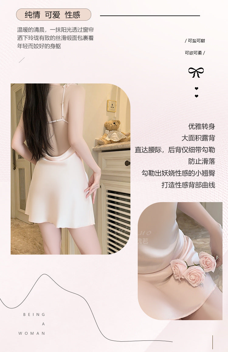 DZ Gorgeous Passionate Hot Backless Nightdress Pure Desire Sexy Waist-Cinching Deep V Ice Silk Nightdress Set with Chest Pads5262