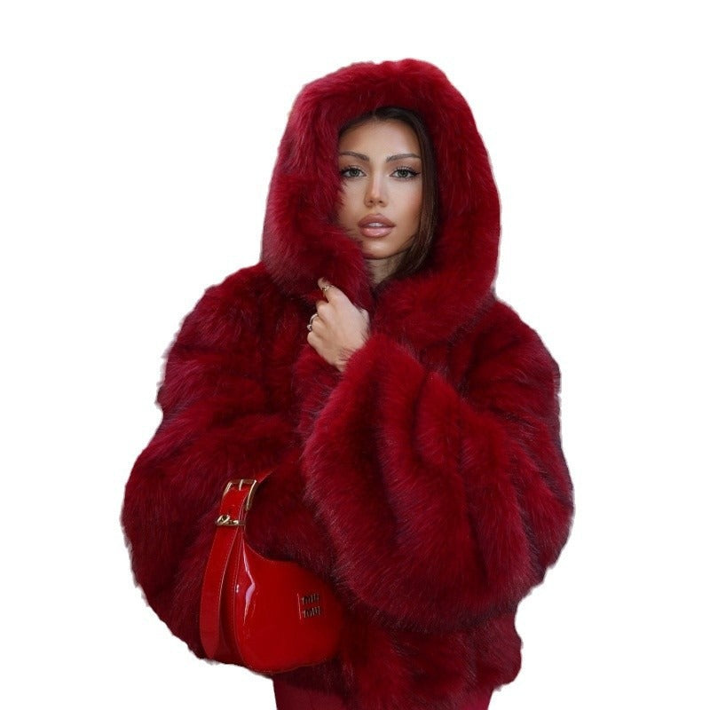 Solid Color Hooded Fur Coat Cross-Border European and American Style Eye-Catching Warm Comfortable Fashionable Fur