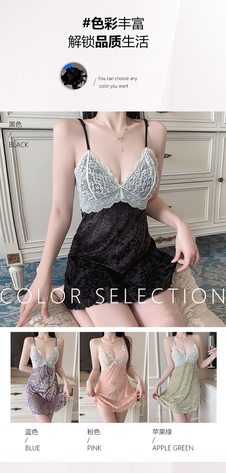 DZ Gorgeous Passionate Hot Backless Nightdress Sexy Push-Up with Chest Pads Sweet Jacquard Velvet Nightgown Set5838