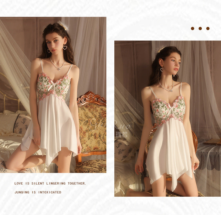 DZ Gorgeous Hot Padded Nightdress Light Luxury Mesh Backless Sexy Silky Satin Nightgown Homewear Set5228