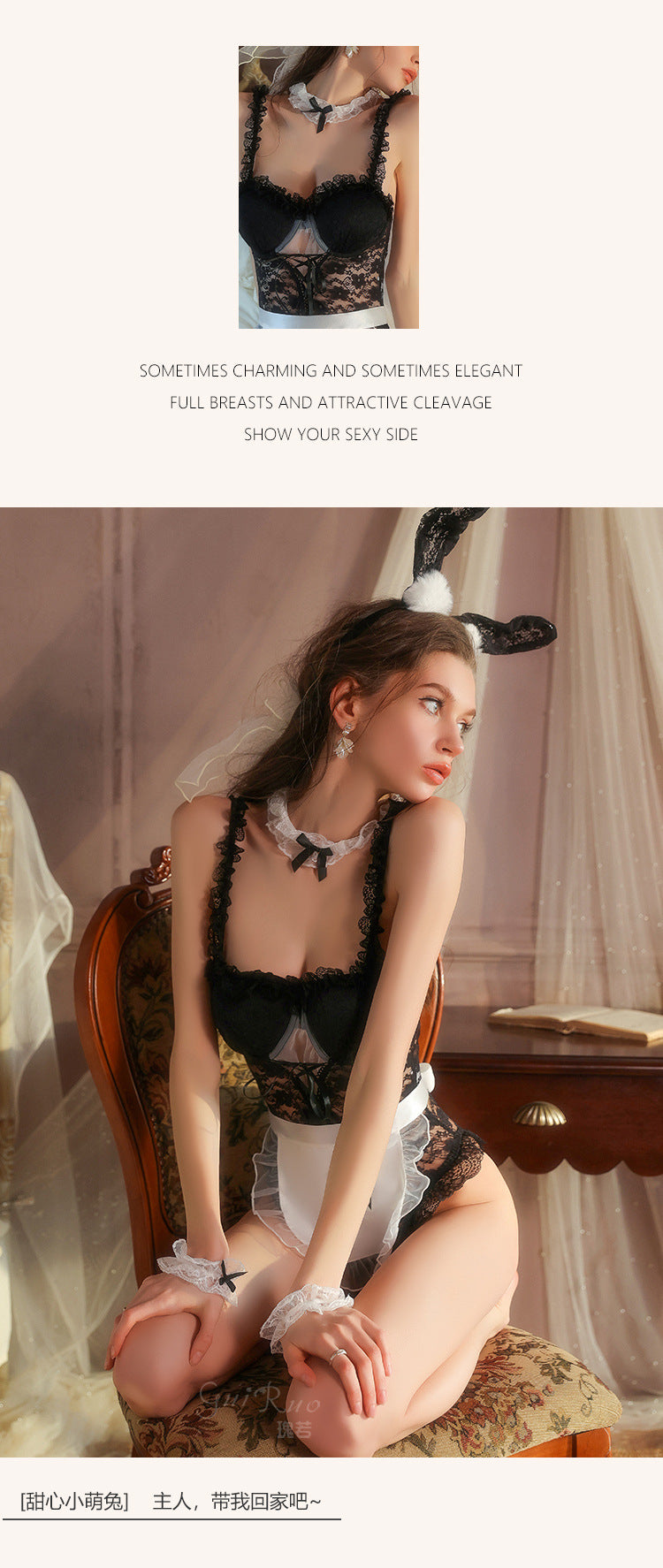 DZ Gorgeous Sexy Lingerie Passionate Hot Bunny Girl Pure Desire Lace Padded Open Crotch One-piece Set G5363