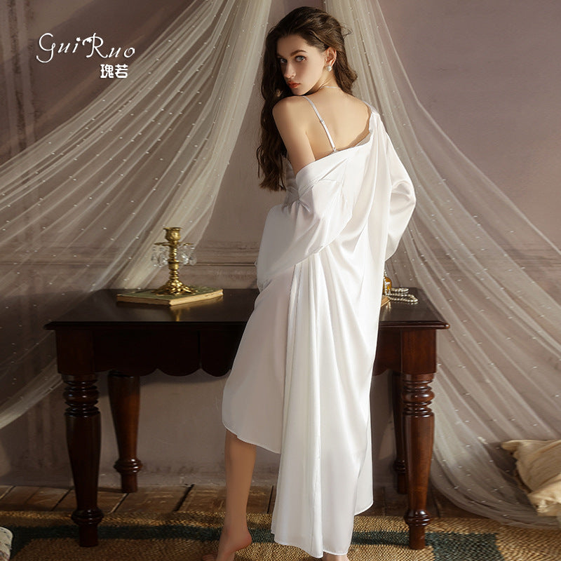 DZ Gorgeous Sexy Satin Nightdress Light Luxury Sweet Lace Deep V Gathered Padded Nightdress and Robe Set5045