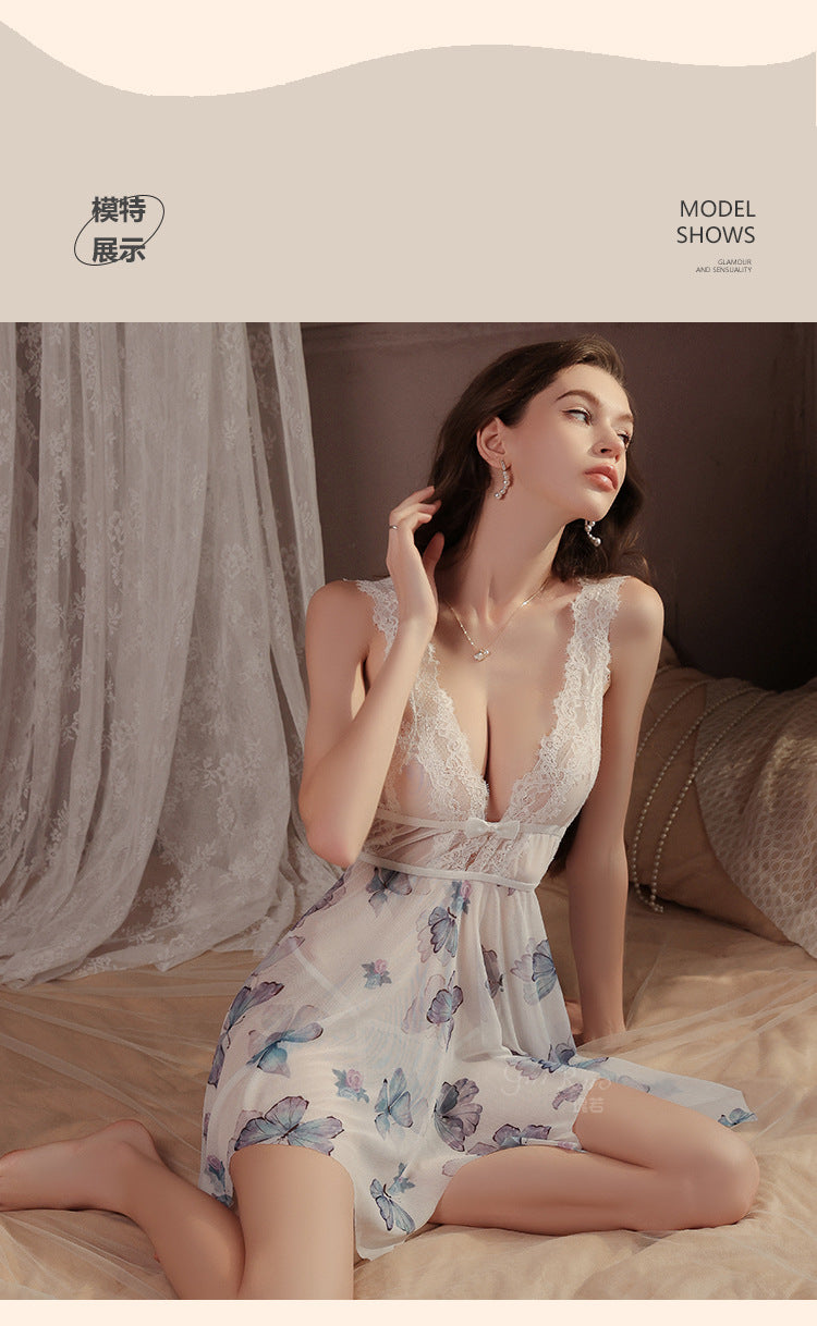 DZ Gorgeous Erotic Lingerie Passionate Temptation Backless Sweet See-through Mesh Sexy Irregular Nightdress Set5104