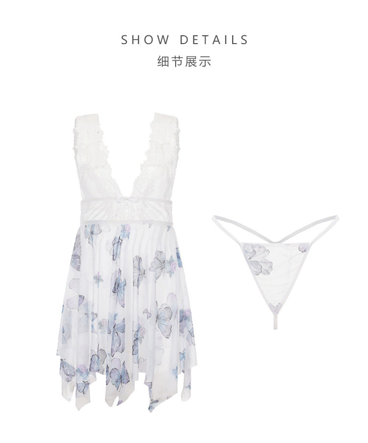 DZ Gorgeous Erotic Lingerie Passionate Temptation Backless Sweet See-through Mesh Sexy Irregular Nightdress Set5104