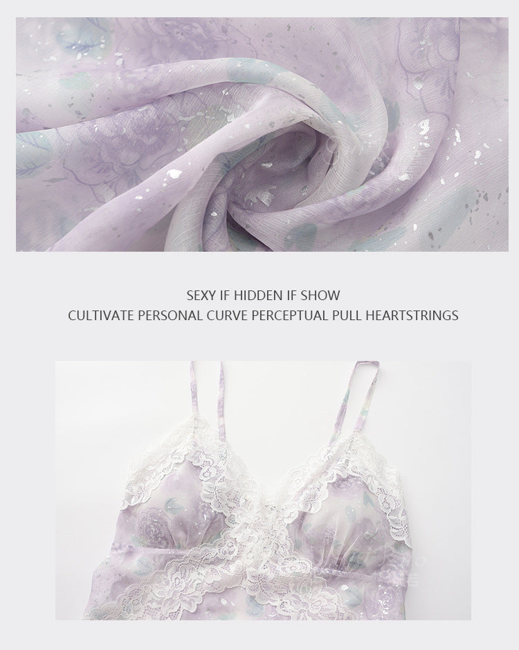 DZ Rose-like Deep V Padded Bra Sweet Sheer Chiffon Pure Desire Lace Camisole Nightdress Homewear Set4903