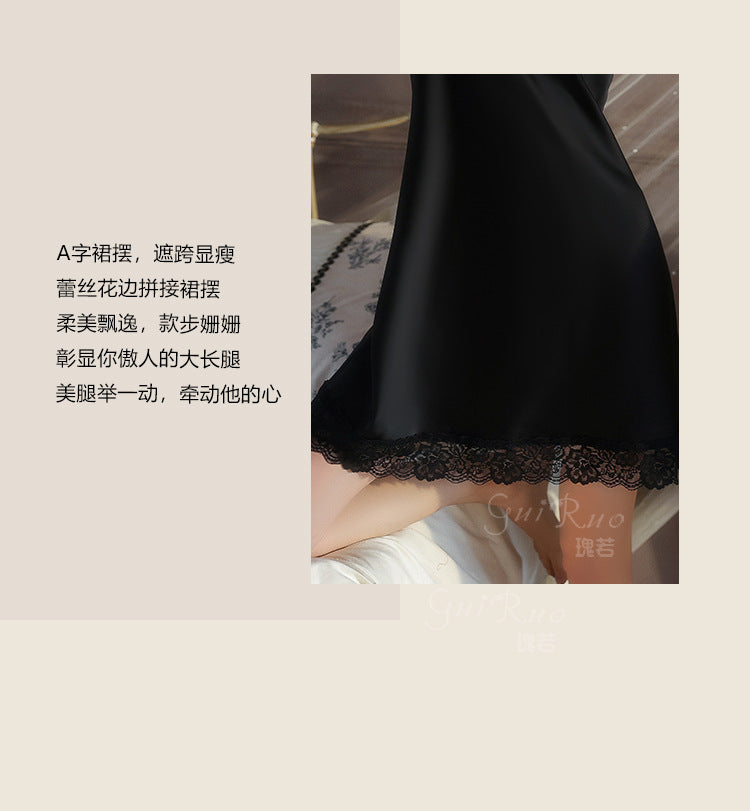 DZ Magnificent and fiery deep V Sexy Backless Lace Smooth Satin Nightdress Set with Chest Pads5585