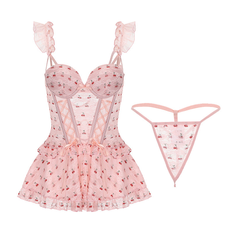 DZ Gorgeous Light Luxury Playful Printed Sexy Lingerie Hot Hollow Mesh Padded Nightdress Uniform Set4399