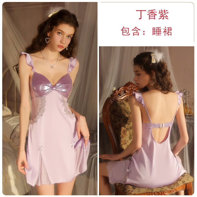 DZ Elegant Women's Light Luxury Smooth Satin Nightgown Deep V Backless Sexy Padded Nightdress Homewear Set C5542