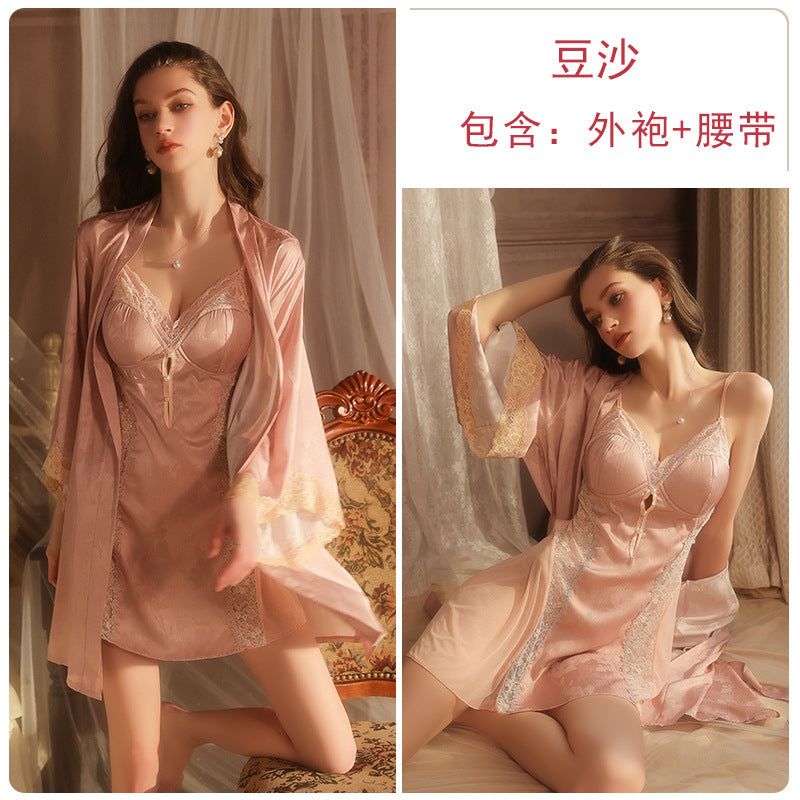 DZ Magnificent and fiery deep V Padded Bra Lingerie Pure Desire Backless Sexy Jacquard Nightdress Robe Home Set C5630