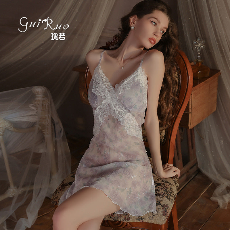 DZ Rose-like Deep V Padded Bra Sweet Sheer Chiffon Pure Desire Lace Camisole Nightdress Homewear Set4903