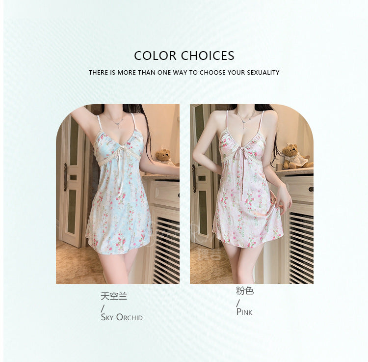 DZ Graceful New Luxury Silky Satin Printed Nightdress Sexy Temptation with Chest Pads Plus Size Set5298