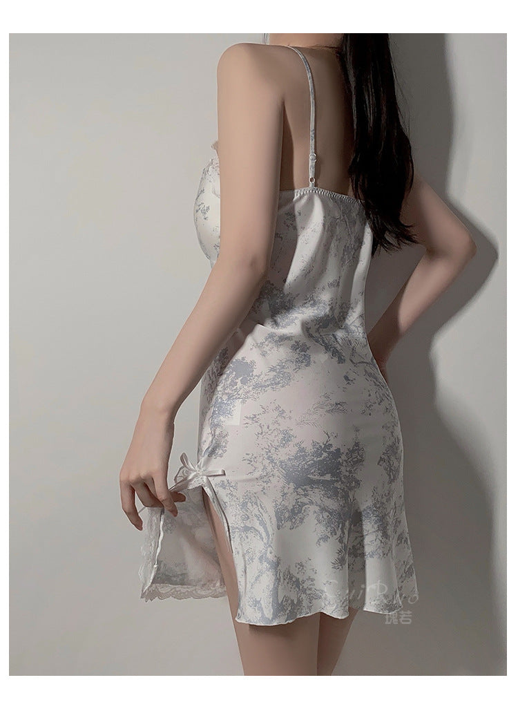 Magnificent and Sexy Deep V Padded Sleepwear Simple Sweet Print Pure Desire Plus Size Nightdress Homewear Set4904