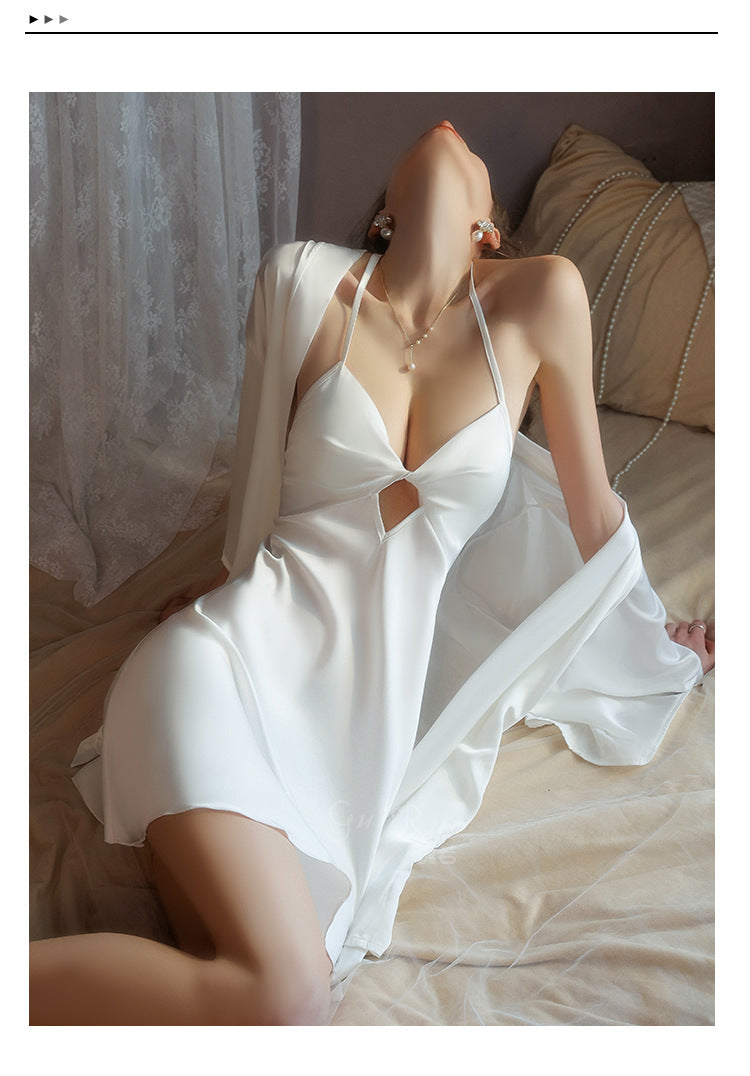 DZ Graceful Lady Sweet Light Luxury Satin Lingerie Passionate Hot Chest Pad Backless Nightdress Robe Set5591