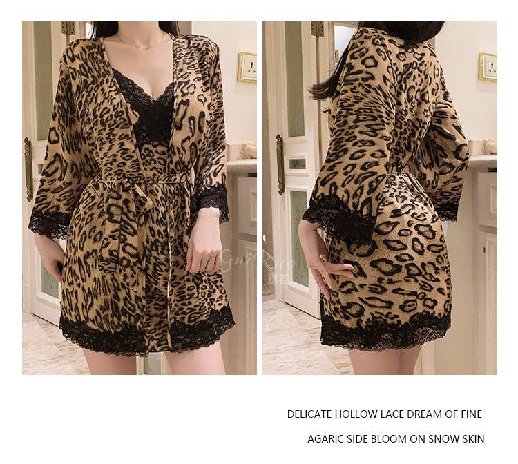 DZ Luxurious and Sexy Nightdress with Chest Pads, Sweet Ice Silk Nightgown and Robe Home Set4905