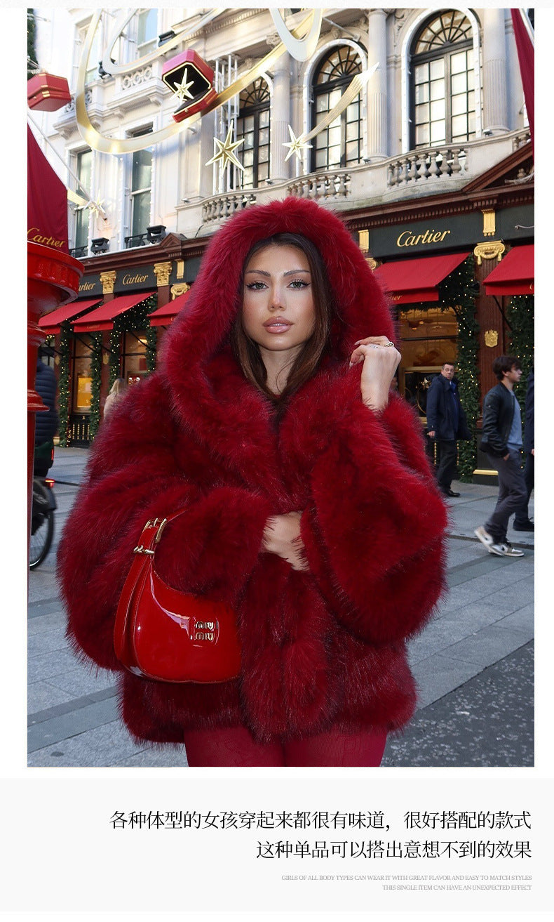 Solid Color Hooded Fur Coat Cross-Border European and American Style Eye-Catching Warm Comfortable Fashionable Fur