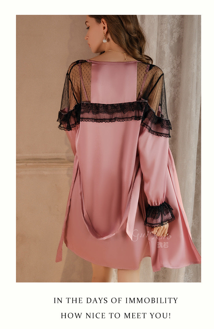 DZ Gorgeous Sexy Backless Temptation Nightdress with Chest Pads Pure Desire Lace Robe Plus Size Loungewear Set P4000