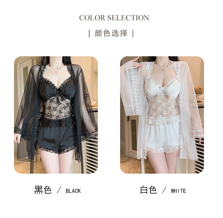 DZ Gorgeous Sweet Smooth Satin Lingerie Passionate Hot See-through Lace Padded Bra Top Three-piece Set5083