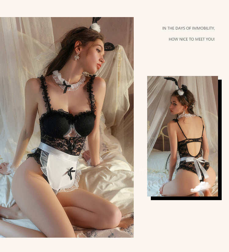 DZ Gorgeous Sexy Lingerie Passionate Hot Bunny Girl Pure Desire Lace Padded Open Crotch One-piece Set G5363