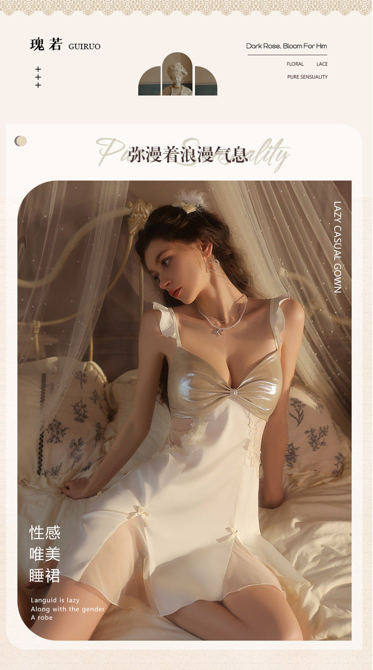 DZ Elegant Women's Light Luxury Smooth Satin Nightgown Deep V Backless Sexy Padded Nightdress Homewear Set C5542