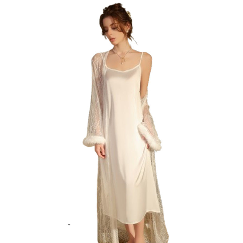 DZ Magnificent Pure Desire Backless V Lure Collar Ice Silk Camisole Nightdress Mesh Robe Women's Homewear Set5485