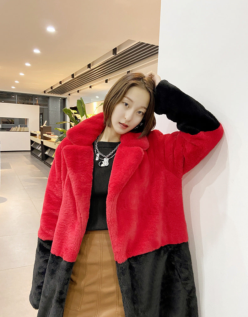 Loose mink fur stitching long coat Mao Mao suit collar women's coat