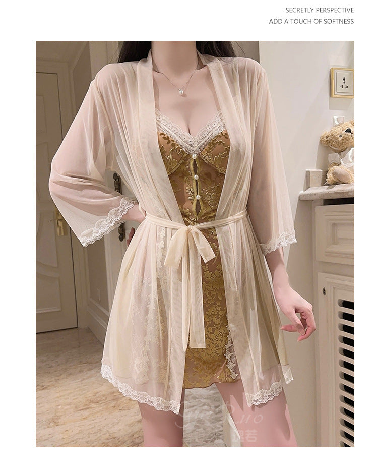 DZ Rose-like Deep V Padded Sleepwear Sweet Lazy Mesh Sexy Velvet Nightdress Robe Home Set C5928