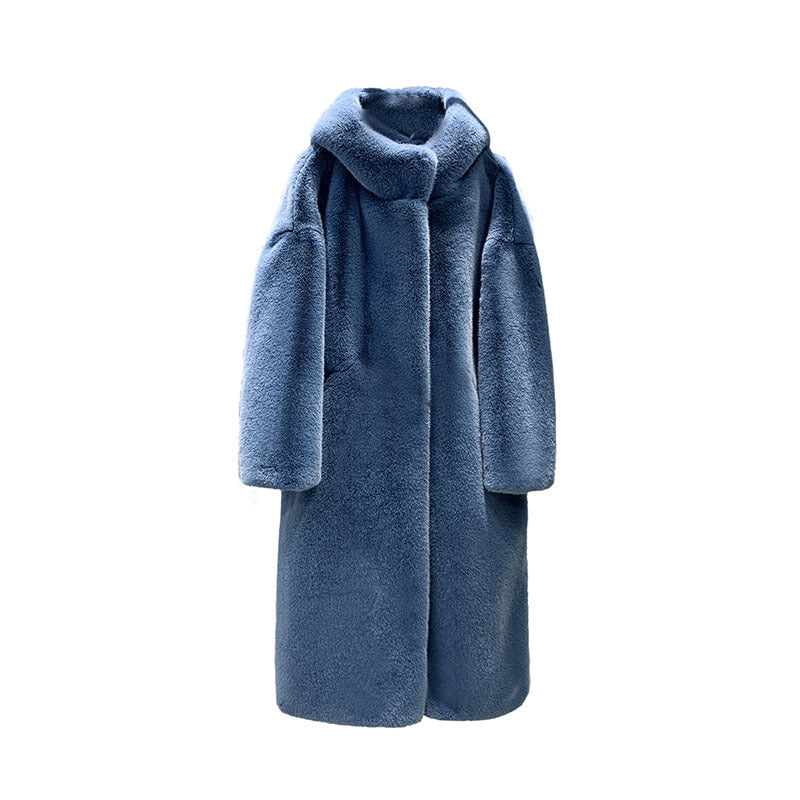 New Korean version of mink fur thick loose plush hooded long coat.