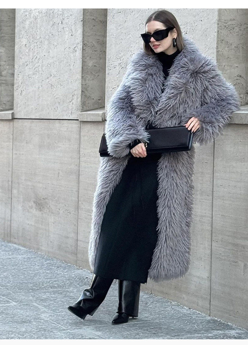 Long Fur Coat Long Hair Fur Winter Warm European and American Style Turn-Down Collar High-End Jacket