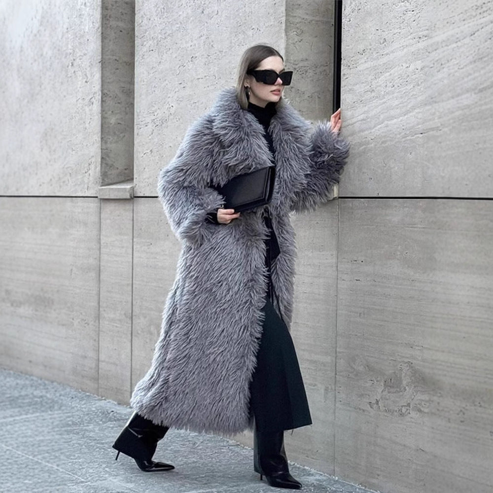 Long Fur Coat Long Hair Fur Winter Warm European and American Style Turn-Down Collar High-End Jacket
