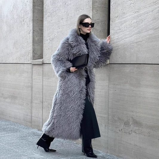 Long Fur Coat Long Hair Fur Winter Warm European and American Style Turn-Down Collar High-End Jacket