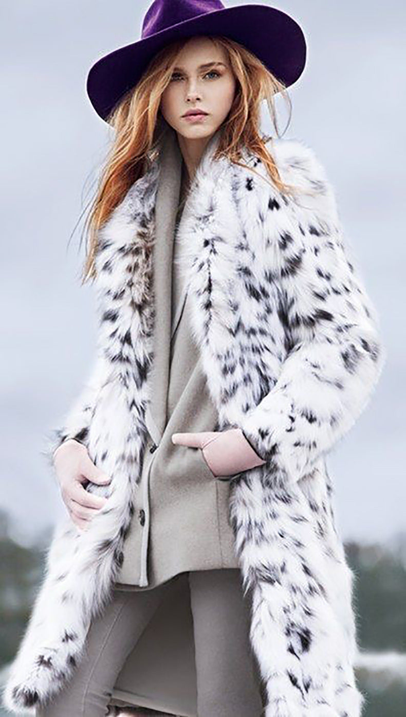 Winter Korean Style Leopard Print Shearling Coat for Women, Long Suit Collar Fox Fur Mink Coat