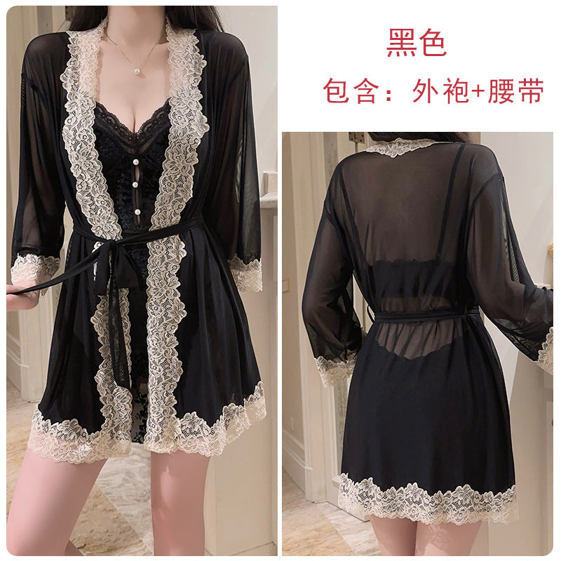 DZ Rose-like Deep V Padded Sleepwear Sweet Lazy Mesh Sexy Velvet Nightdress Robe Home Set C5928