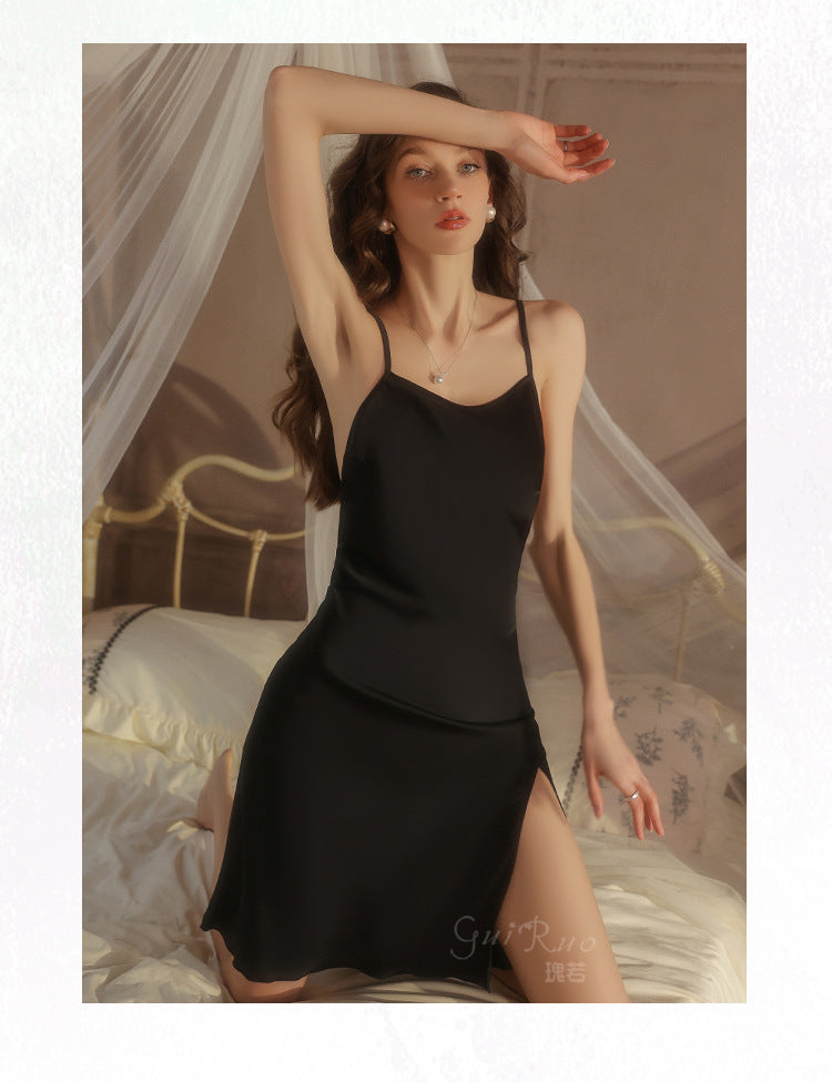 DZ Gorgeous Hot Lace-Up Backless Nightdress Sexy Temptation Slit Pure Desire Silky Satin Camisole Dress Set5606