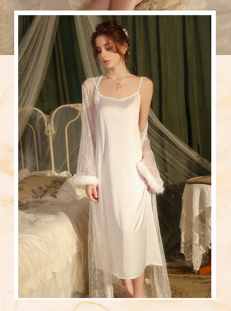 DZ Magnificent Pure Desire Backless V Lure Collar Ice Silk Camisole Nightdress Mesh Robe Women's Homewear Set5485