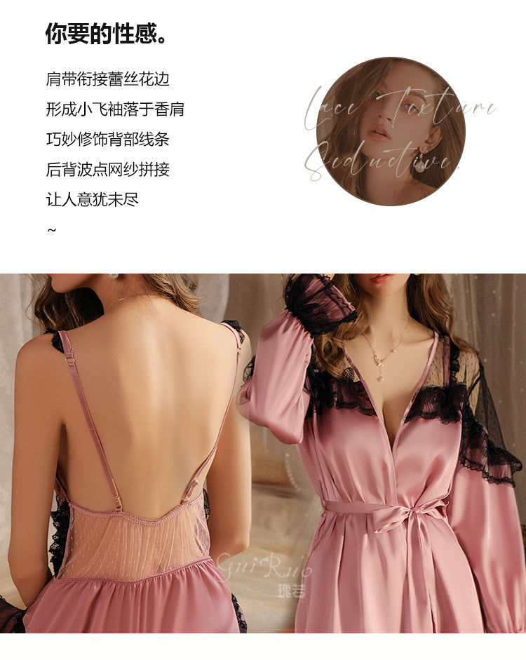 DZ Gorgeous Sexy Backless Temptation Nightdress with Chest Pads Pure Desire Lace Robe Plus Size Loungewear Set P4000