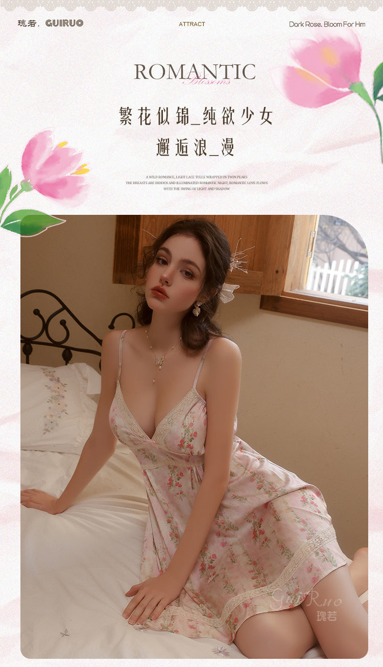 DZ Gorgeous Pure Desire Sweet Smooth Satin Nightdress Passionate Hot Plus Chest Pad Nightgown Plus Size Homewear Set5204