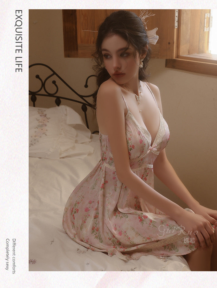 DZ Gorgeous Pure Desire Sweet Smooth Satin Nightdress Passionate Hot Plus Chest Pad Nightgown Plus Size Homewear Set5204